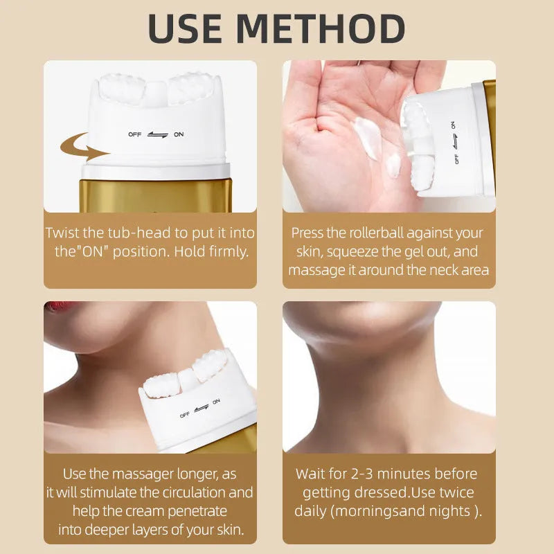 Neck moisturising cream jar with a neck roller tool for dry skin care.