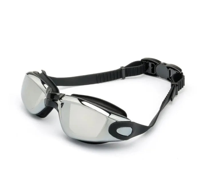 Classic style silicone swimming goggles with anti-fog PC lens on a blue background