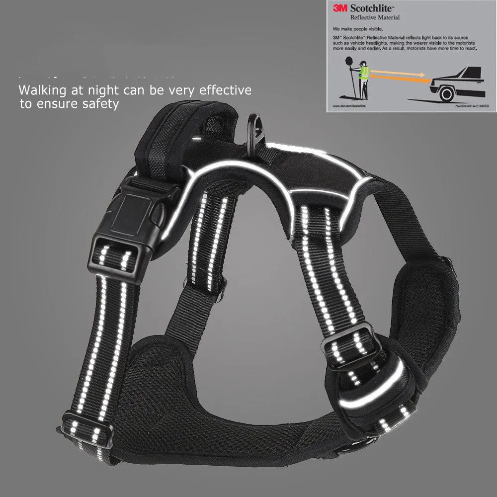 Breathable reflective dog harness no pull vest in black with adjustable chest strap