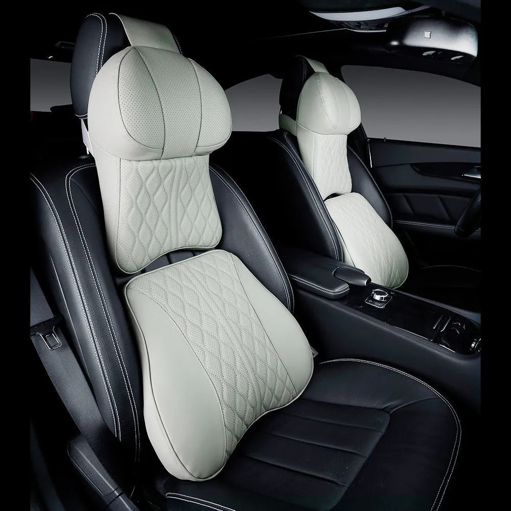 Beige car neck pillow and lumbar support pillow set with embroidered wavy pattern