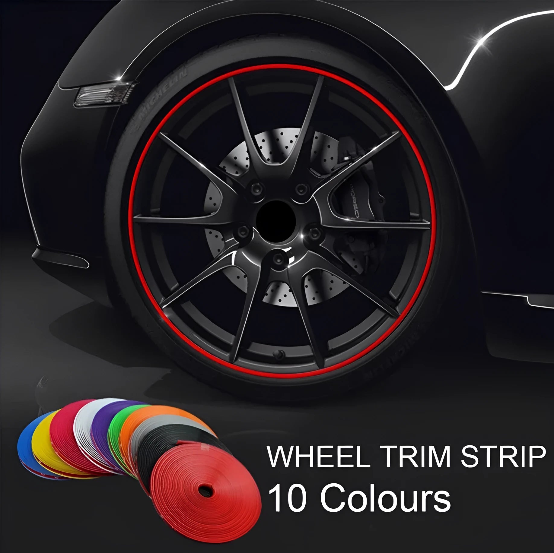 8m PET wheel rim protector strips in ten colours with 3M adhesive tape for alloy rims up to 22 inches