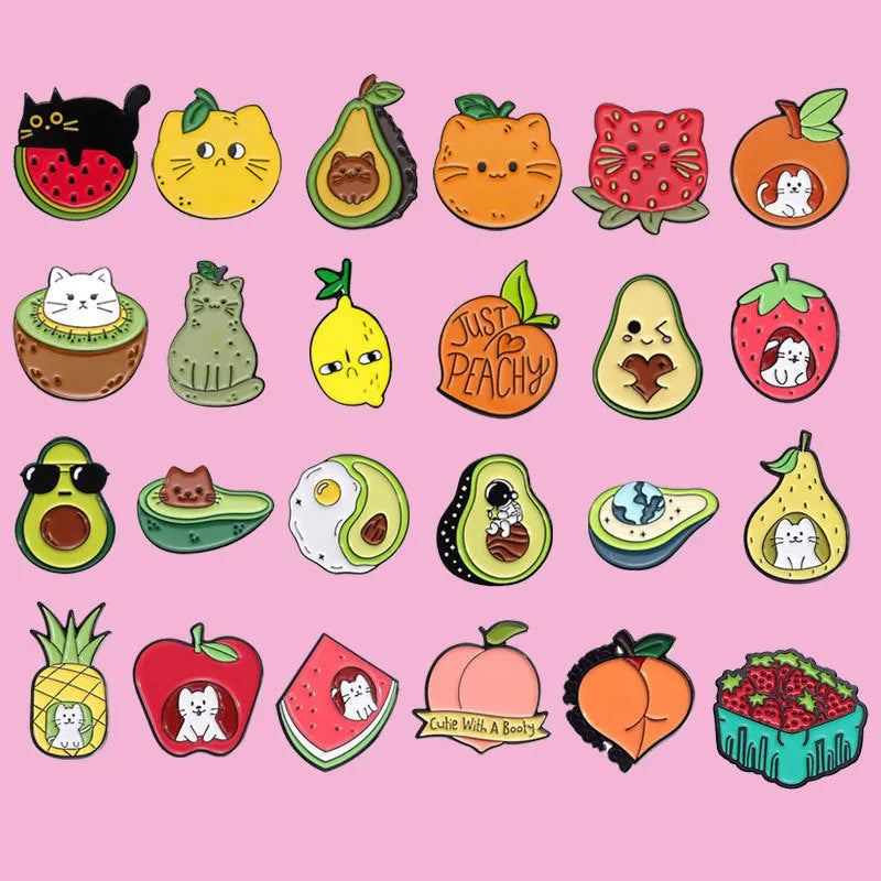 Colourful cartoon fruit design metal brooch with letters shape on a zinc alloy pin.