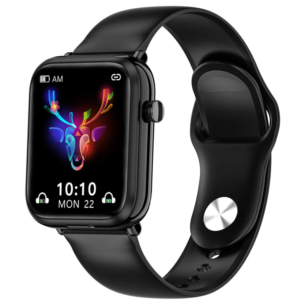 Black zinc alloy smartwatch with Bluetooth earpieces in charging case on a white background.