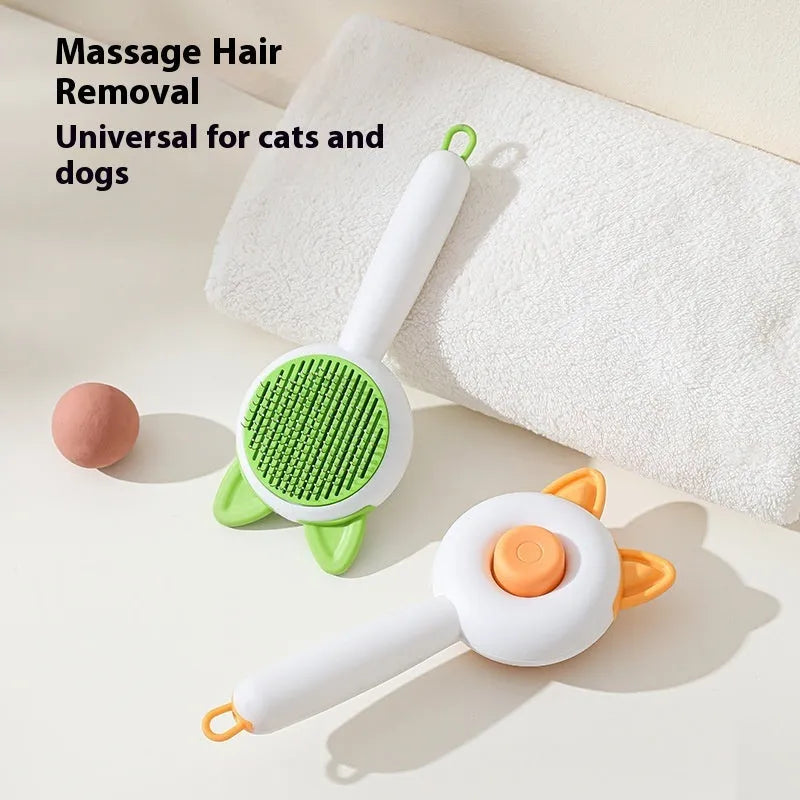 Self-cleaning cat grooming comb with stainless steel bristles in greenish white colour