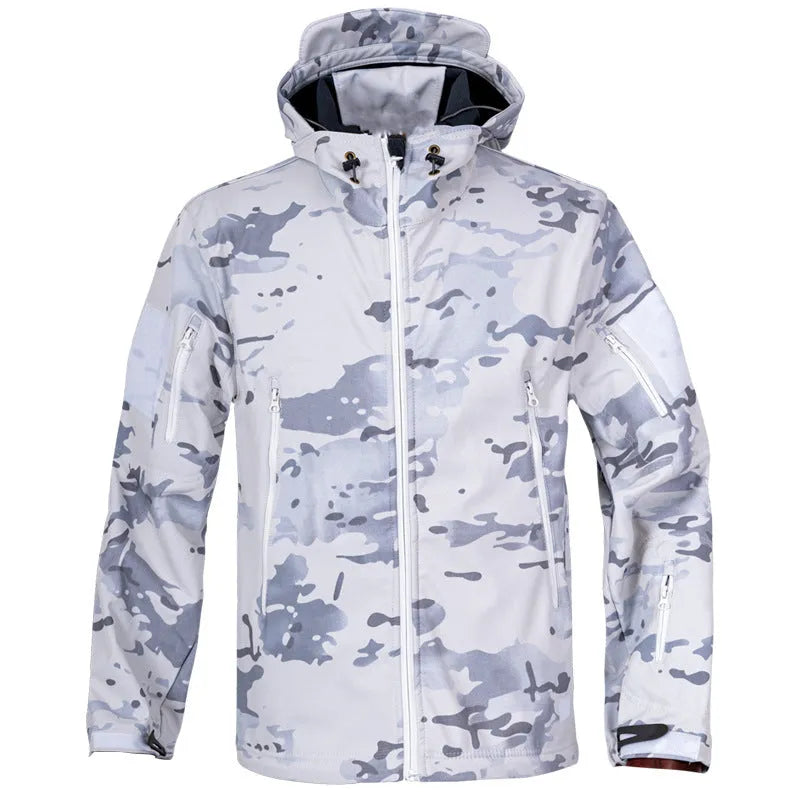 Snow camouflage waterproof fleece windbreaker with wool lining, autumn winter outdoor jacket