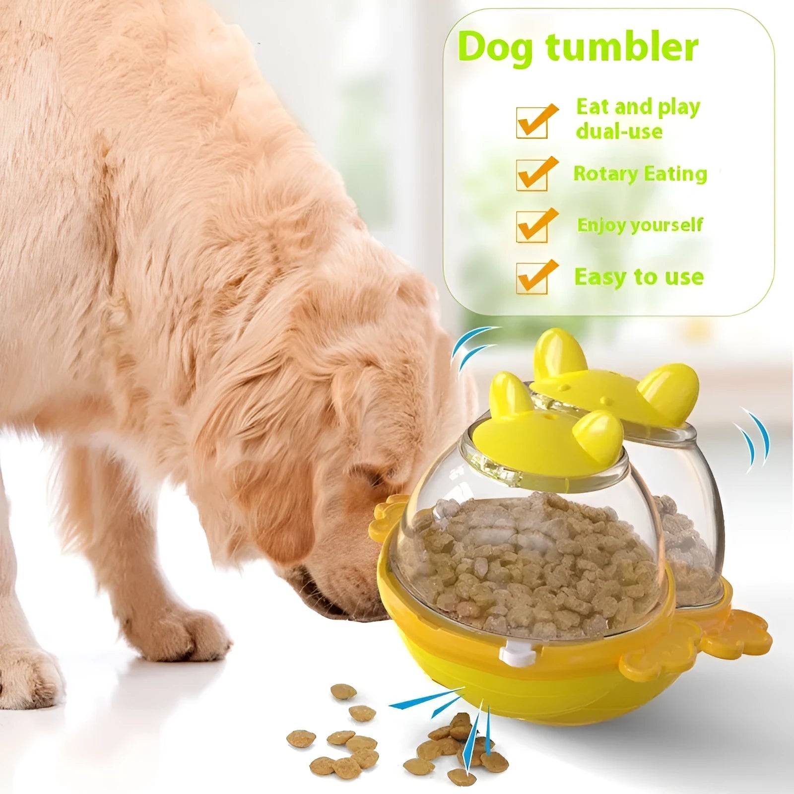 Yellow TPR dog food feeder tumbler toy with measurements 11.2 x 13.9 x 12.2 cm for slow feeding enrichment