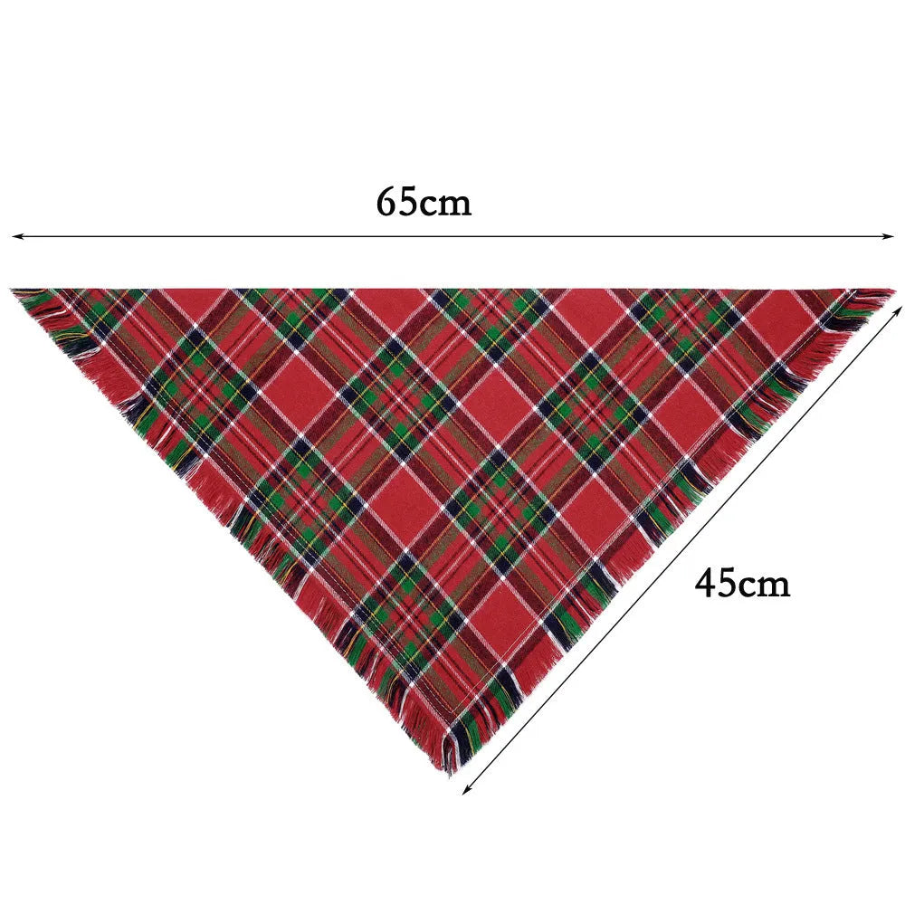Classic plaid dog bandana with tassel edges in autumn colours of brown, green, orange, red, yellow.
