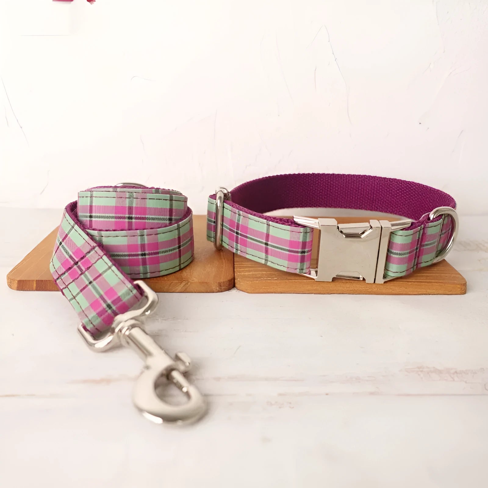 Mint zigezi polyester dog collar and matching leash set in tear-resistant construction