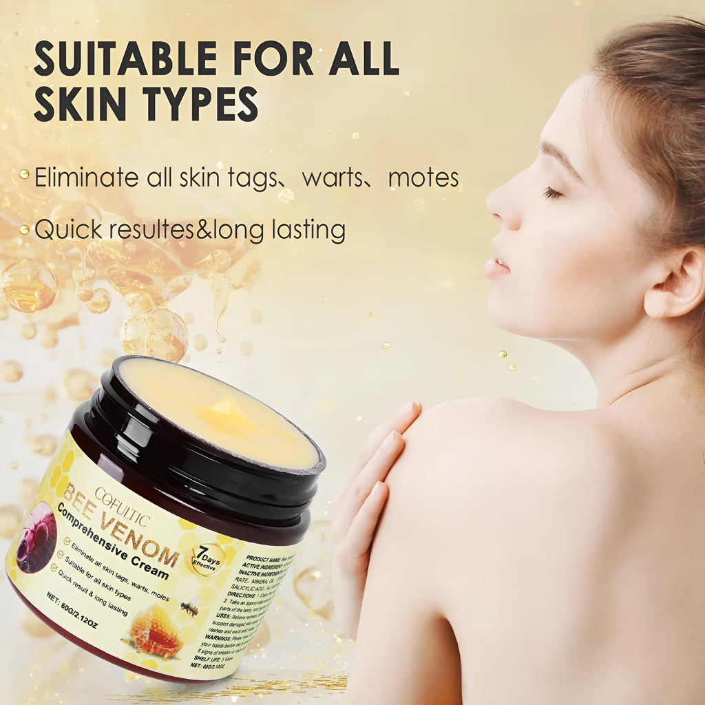 Cofutic 60g bee venom body cream in a small jar, gentle hydrating formula for daily use