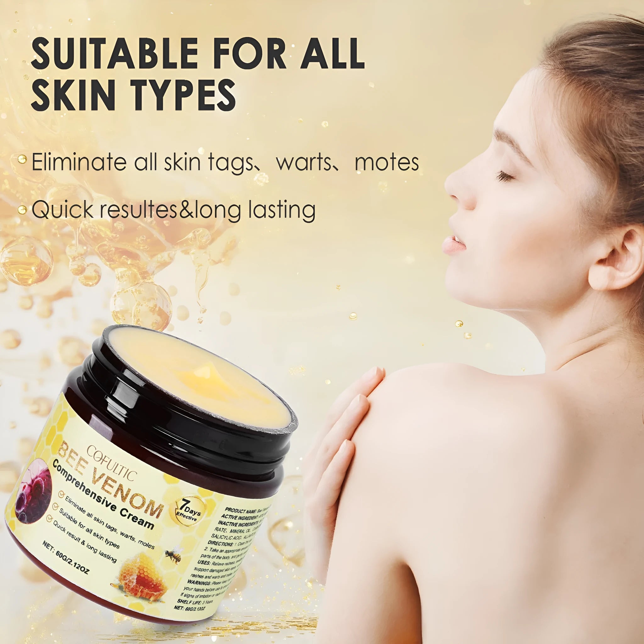 Cofutic 60g bee venom body cream in a small jar, gentle hydrating formula for daily use