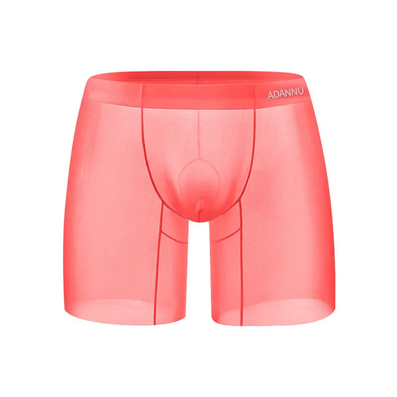 Men's ice silk boxers in orange, pink, and red colours with low waist design