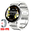Black Bluetooth smartwatch with stainless steel strap on a wrist, showing a heart rate reading on its circular screen.