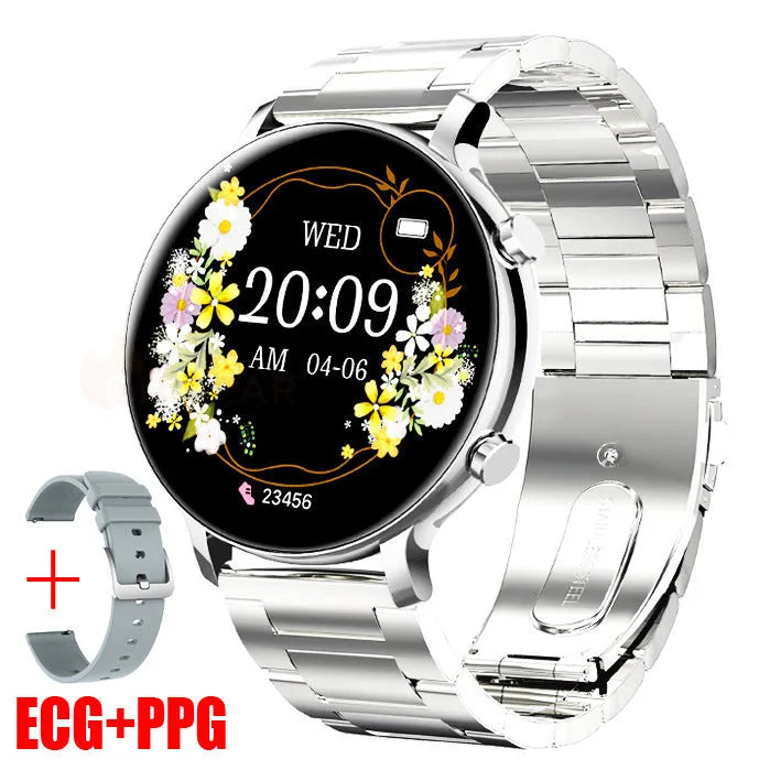 Black Bluetooth smartwatch with stainless steel strap on a wrist, showing a heart rate reading on its circular screen.