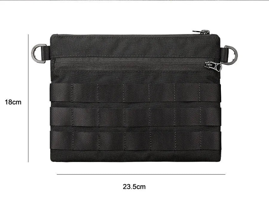 Black Oxford cloth outdoor pouch measuring 18cm long with wear-resistant texture for military and hiking gear