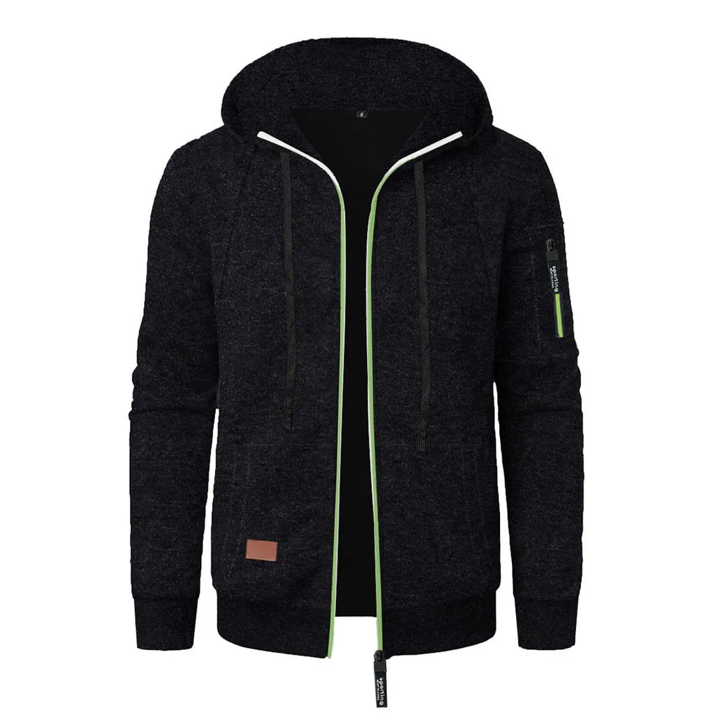 Men's loose fit jacquard hooded coat in black, polyester fibre, Korean style cardigan with long sleeves and hood