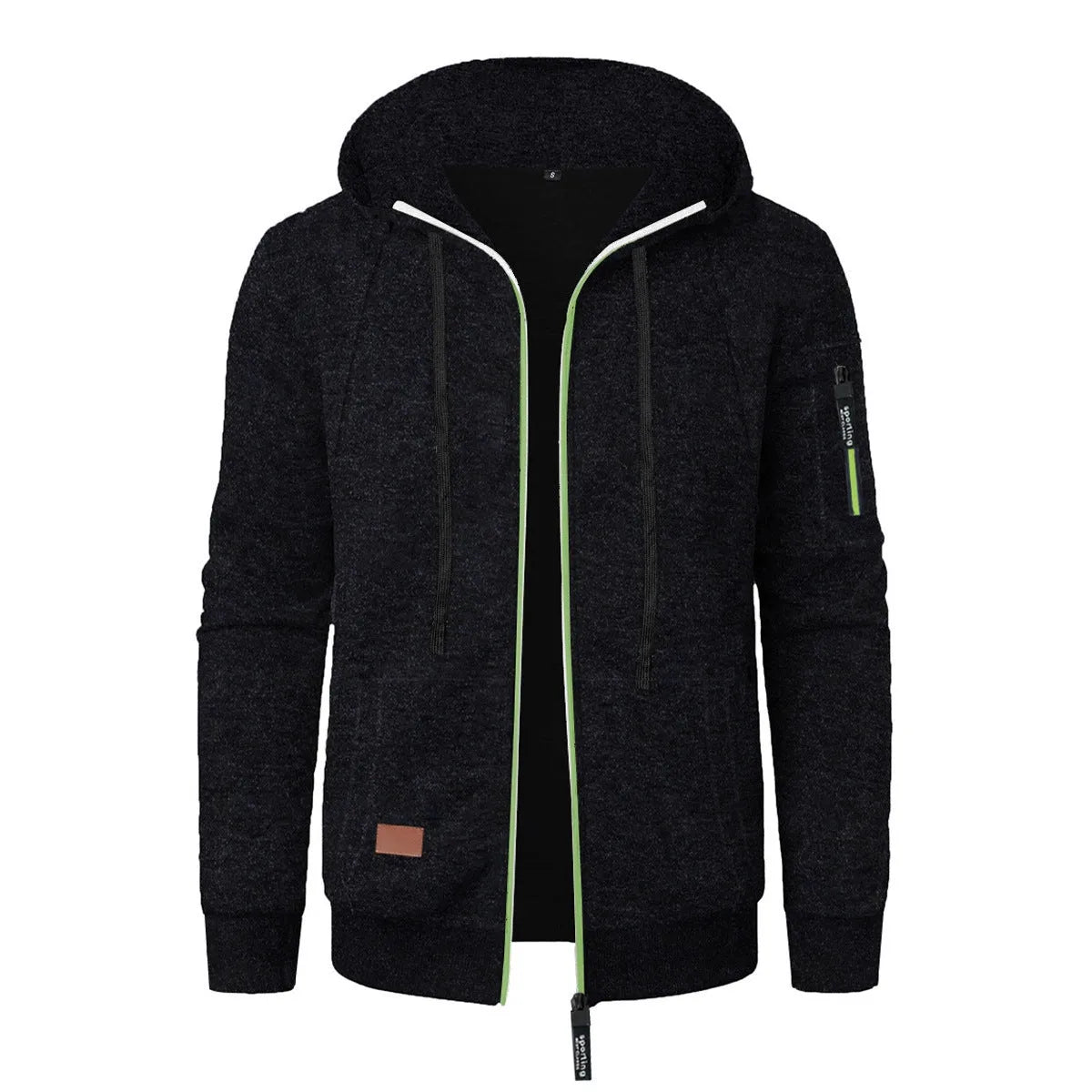 Men's loose fit jacquard hooded coat in black, polyester fibre, Korean style cardigan with long sleeves and hood