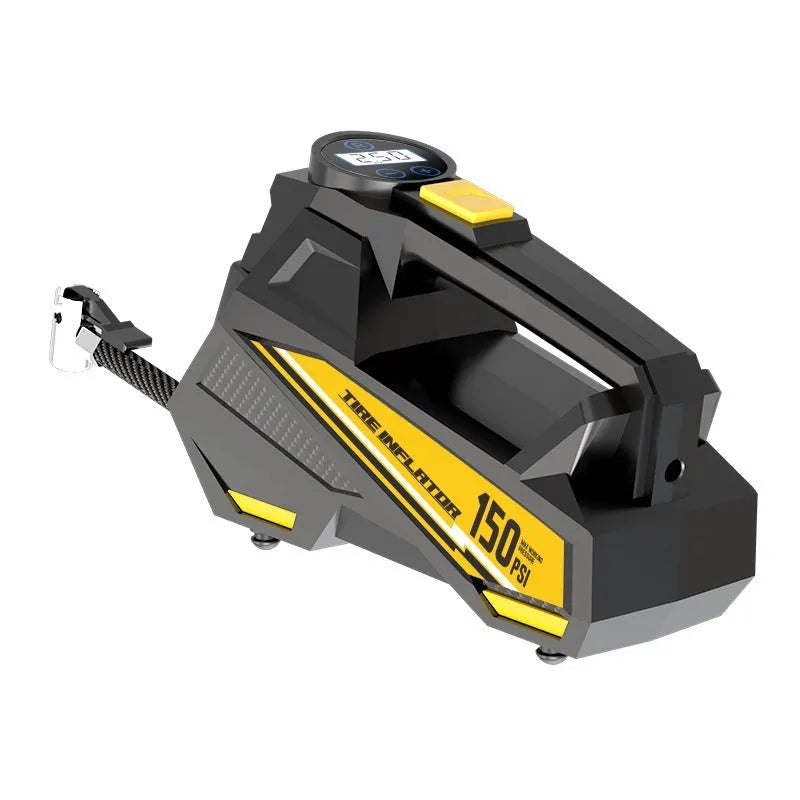 Black vehicle-mounted portable tyre inflator with digital display and LED light on a 12V plug.
