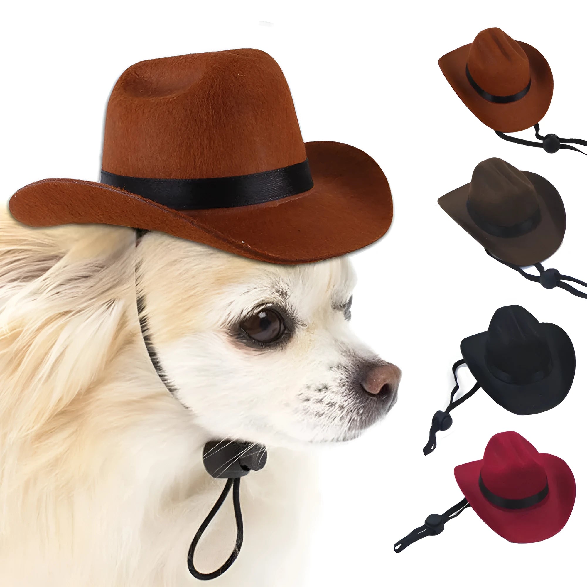 Adjustable dog cowboy hat in black, brown, burgundy, or coffee colours with rounded brim and soft fabric