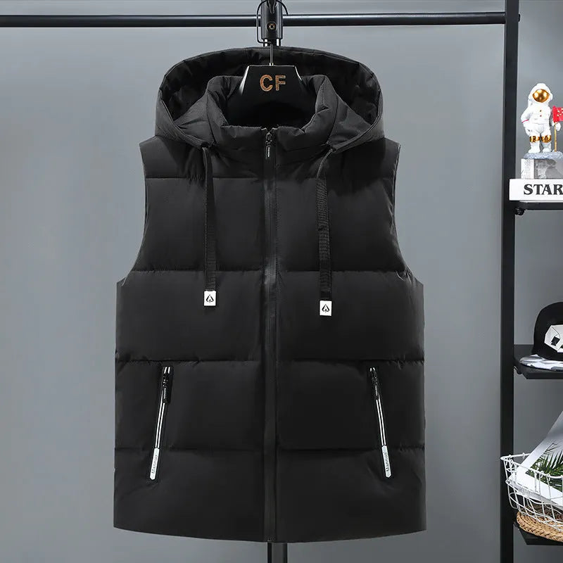 Men's thick polyester vest with removable cap in black or blue with straight hem design