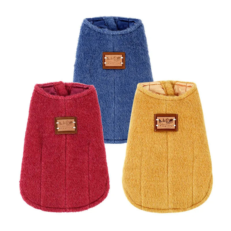 Small dog wearing a yellow knitted cotton winter vest, showcasing the Korean-style casual design.