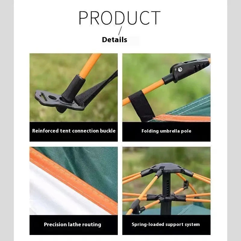 Blue 3-4 person automatic camping tent set up outdoors with rain and sun protection flysheet