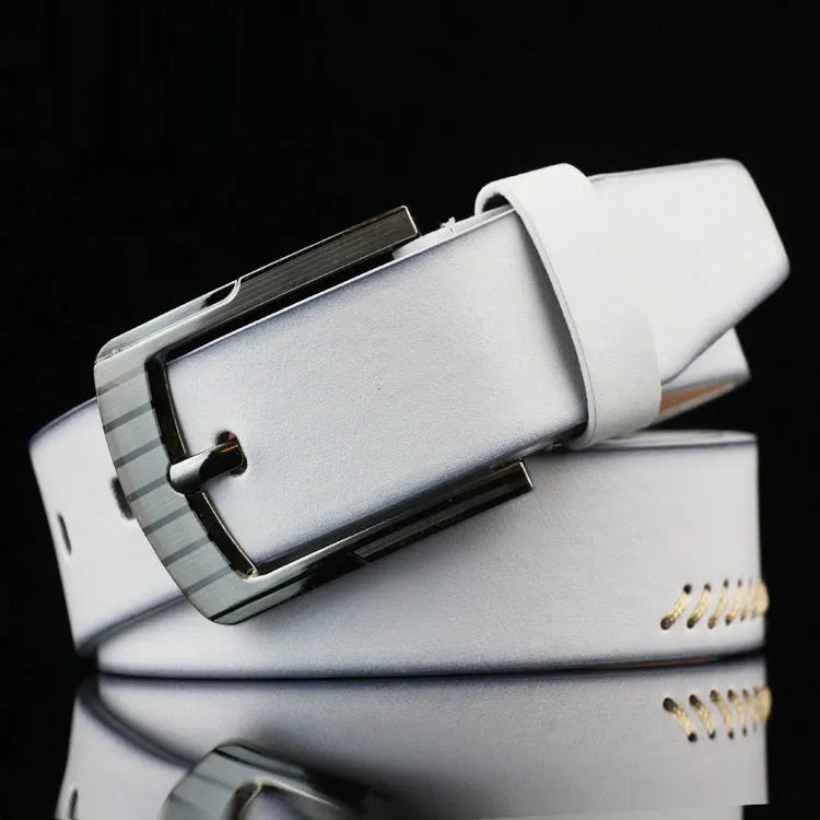 Men's threading casual belt with pattern design and pin buckle in black colour
