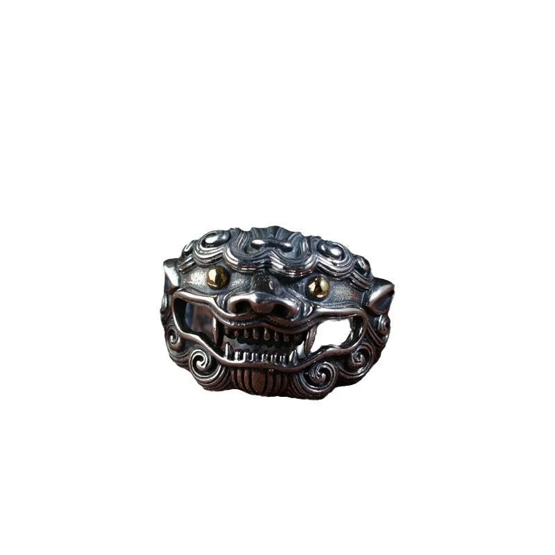 Silver open ring with Jibeast pattern animal zodiac design and adjustable sizing