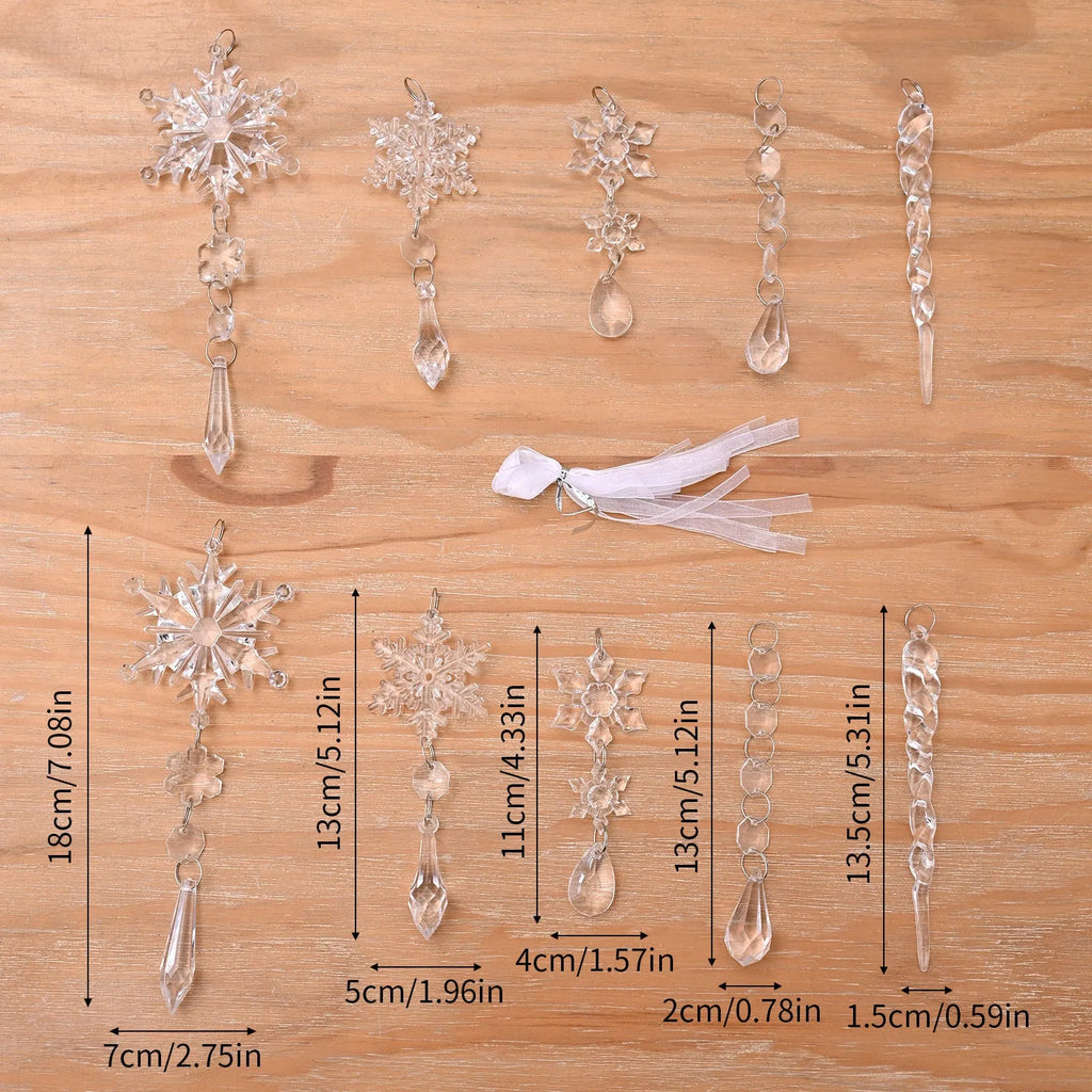 10 clear acrylic icicle and snowflake Christmas tree ornaments with white ribbons