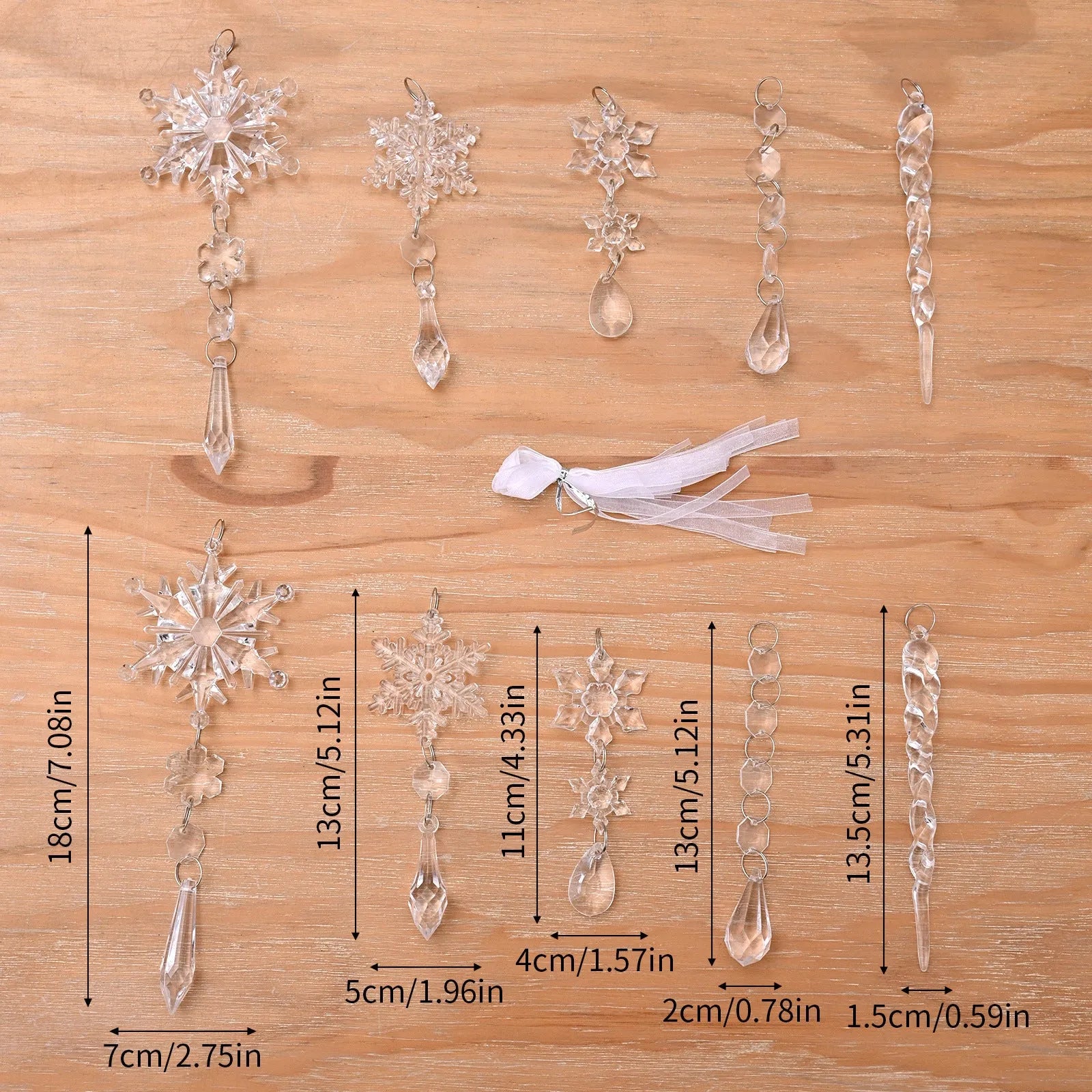 10 clear acrylic icicle and snowflake Christmas tree ornaments with white ribbons