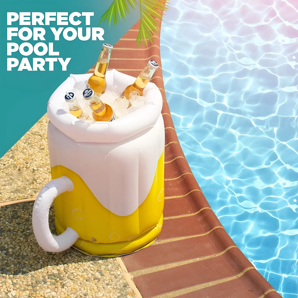 Yellow inflatable beer mug cooler floating in pool with drinks inside