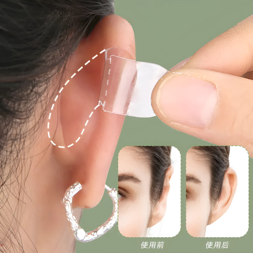 Transparent TPU ear support patches showing frosted and clear options with adhesive backing