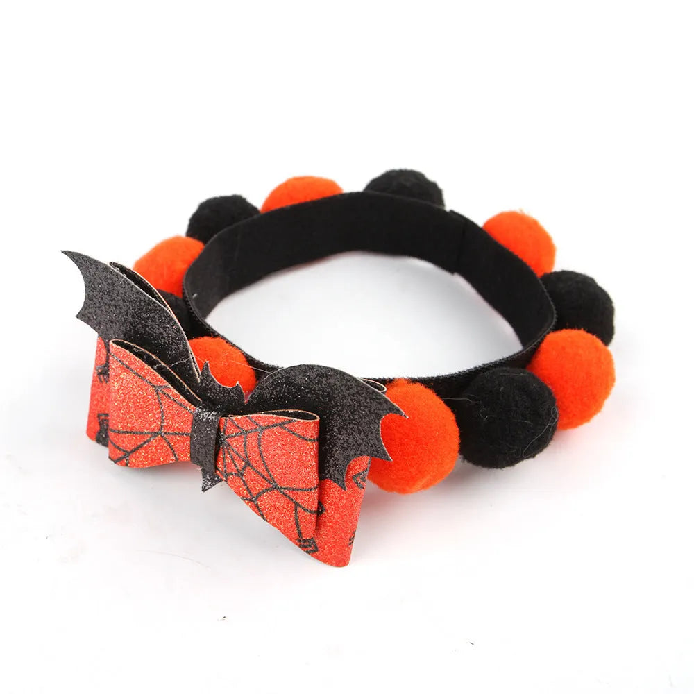 Halloween pet fur ball collar with pumpkin pirate skull witch decorations in S M L sizes