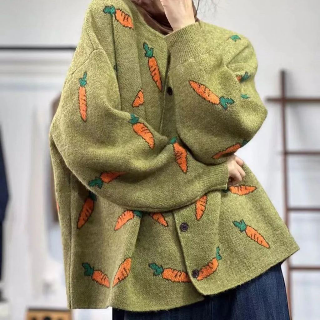 Loose round neck cardigan with Mori artistic colour contrast print, shown in viscose fabric.
