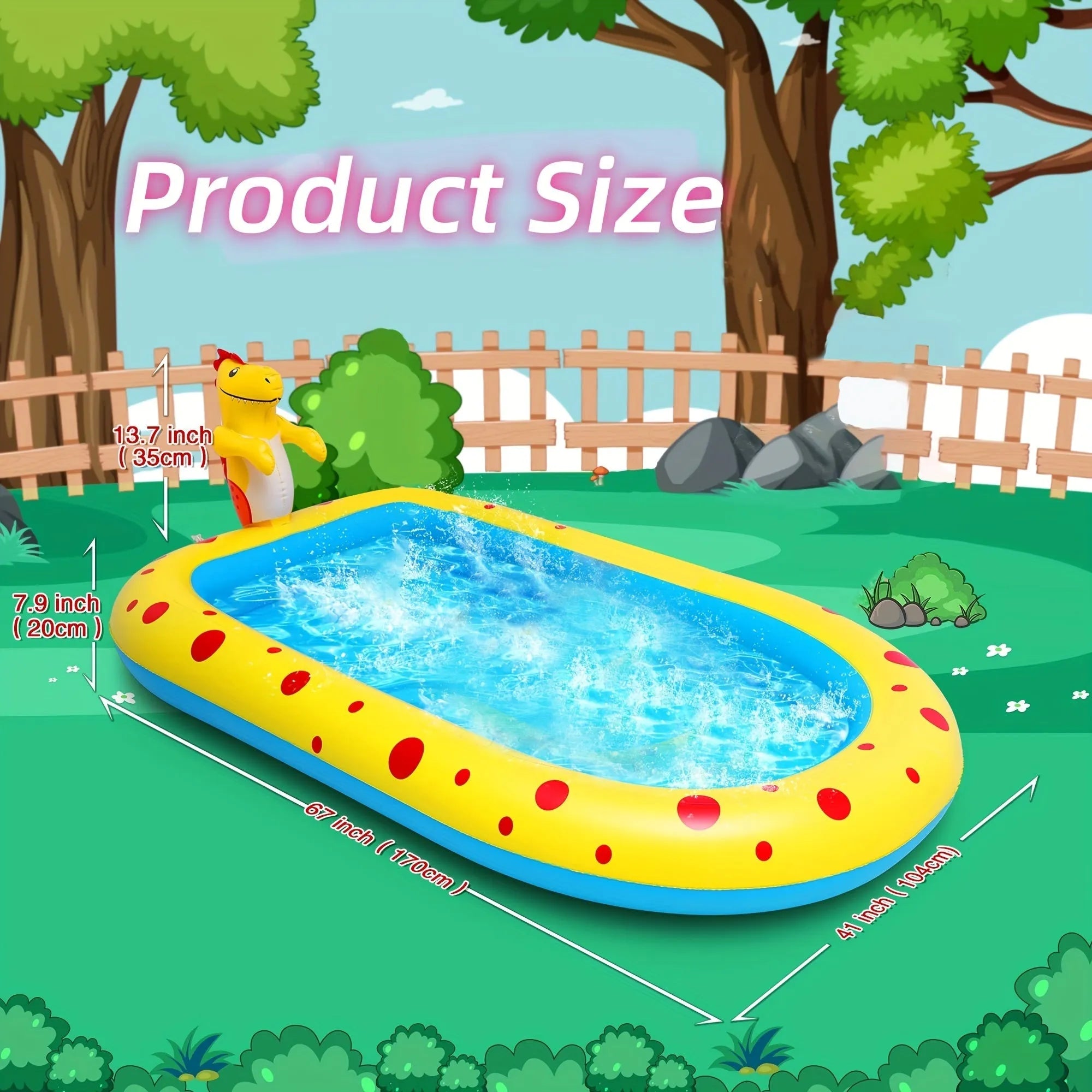 Blue dinosaur inflatable water spray pool with pet play mat and shark toy in garden setting
