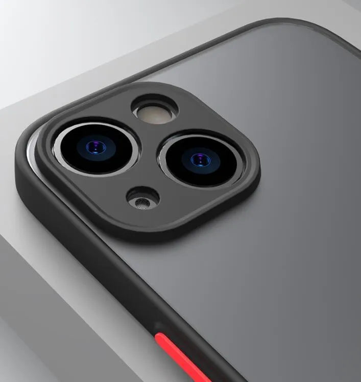 Frosted hard black iPhone case showing fine hole pattern and full camera lens cutout.