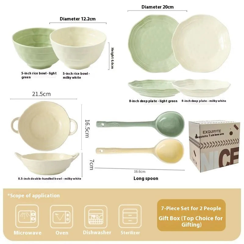 Seven-piece solid colour ceramic tableware set in a modern simple style.
