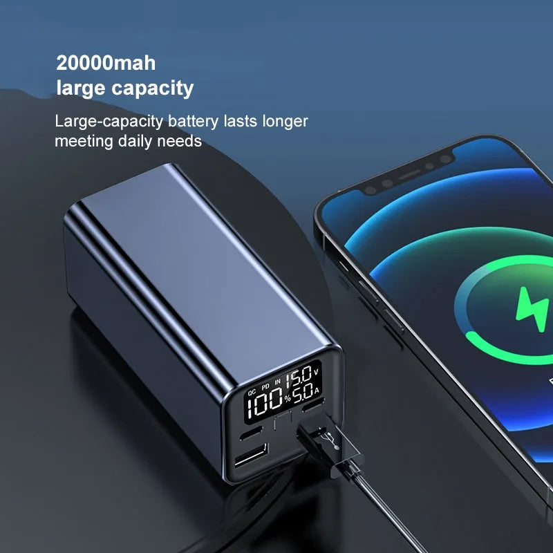 A black 65W high power laptop charging bank with a metal case, showing its dimensions.