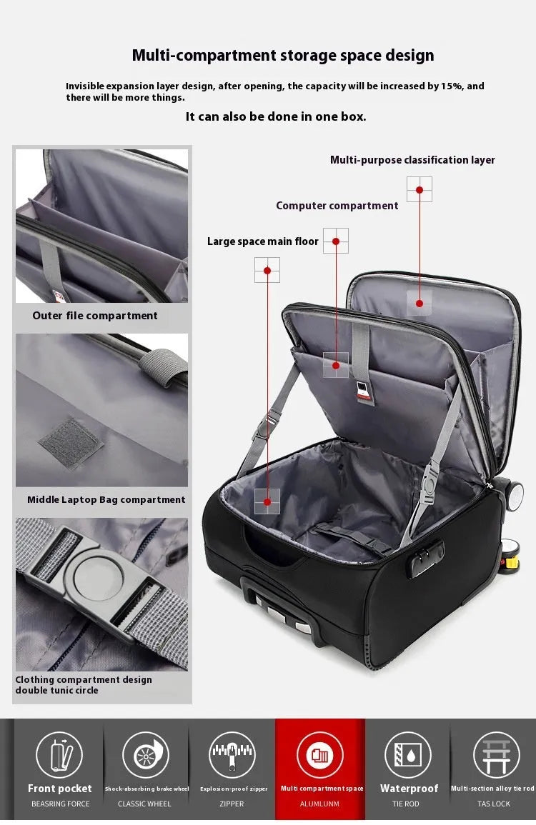 Black 18 inch Oxford cloth carry-on suitcase with retractable draw bar and universal wheels.