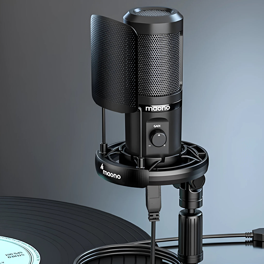 PM461 USB desktop recording microphone kit with black shock mount and tripod stand