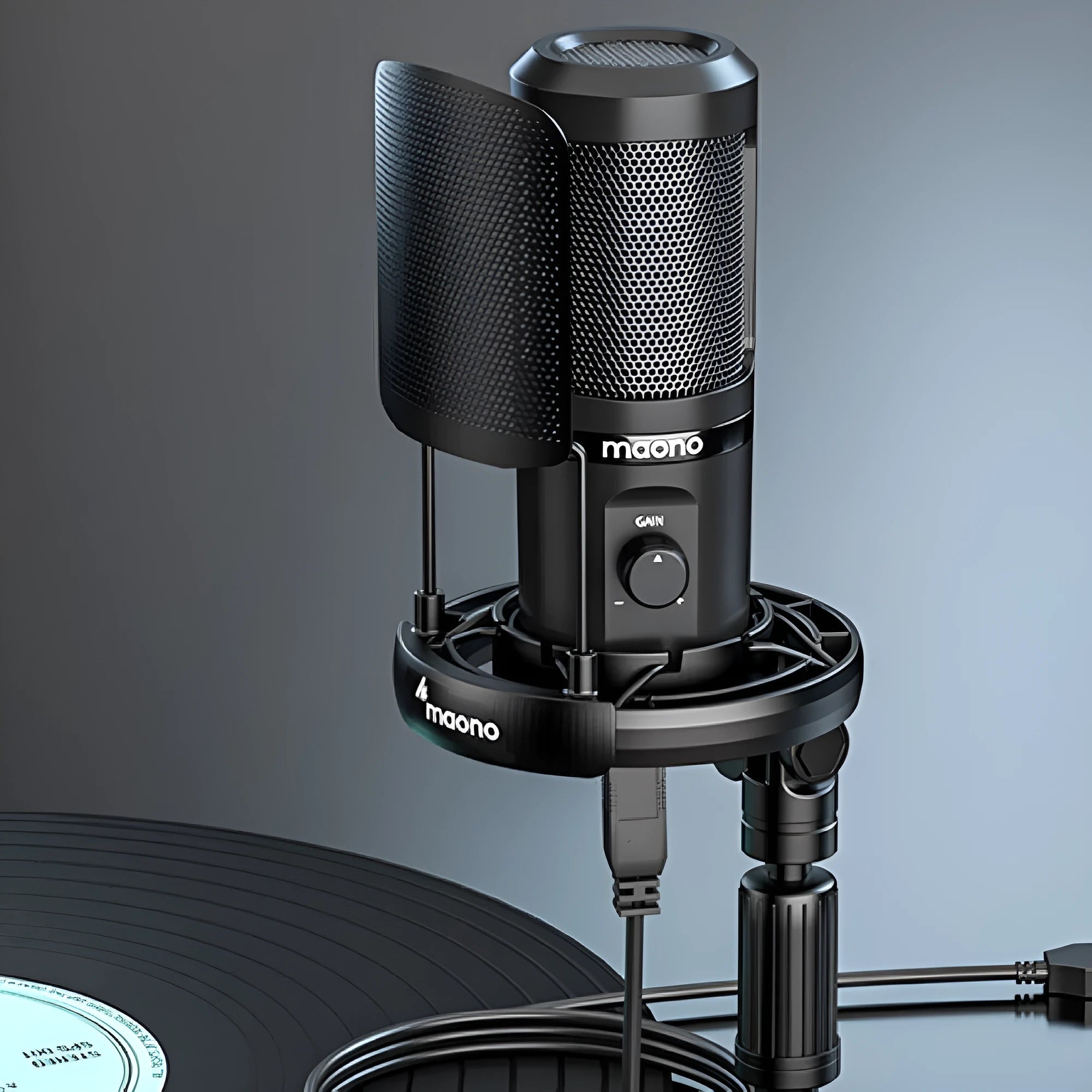 PM461 USB desktop recording microphone kit with black shock mount and tripod stand