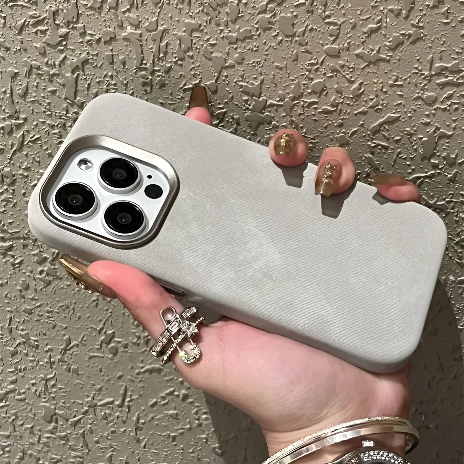 Magnetic velvet iPhone case in silver grey colour with shockproof hard case design