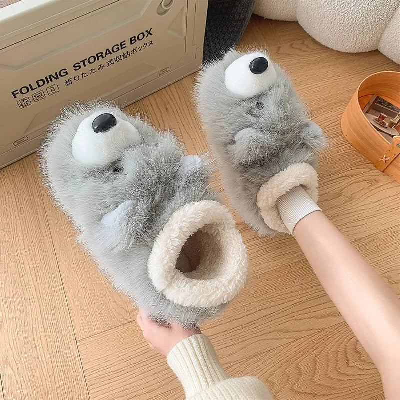 Grey ankle wrap cotton slippers with plush upper and non-slip soles for indoor home use