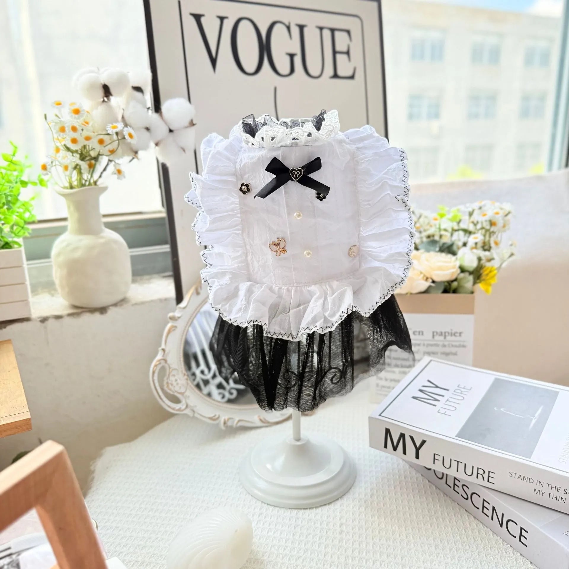 White yarn skirt princess-style dog dress for small dogs, shown on a mannequin.