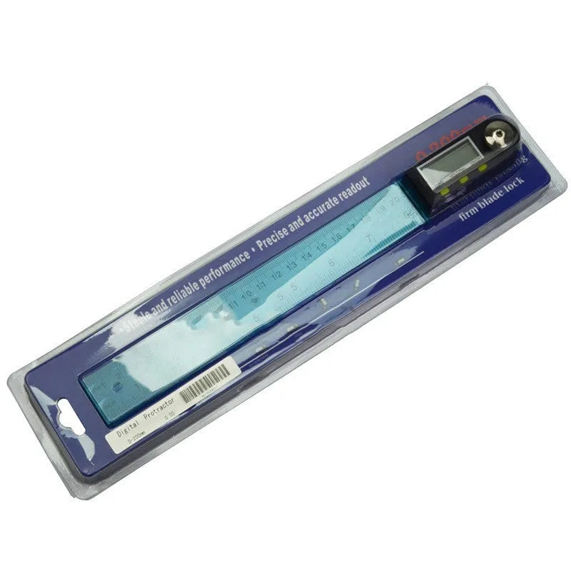 Stainless steel electronic digital display angle ruler measuring tool on workshop surface