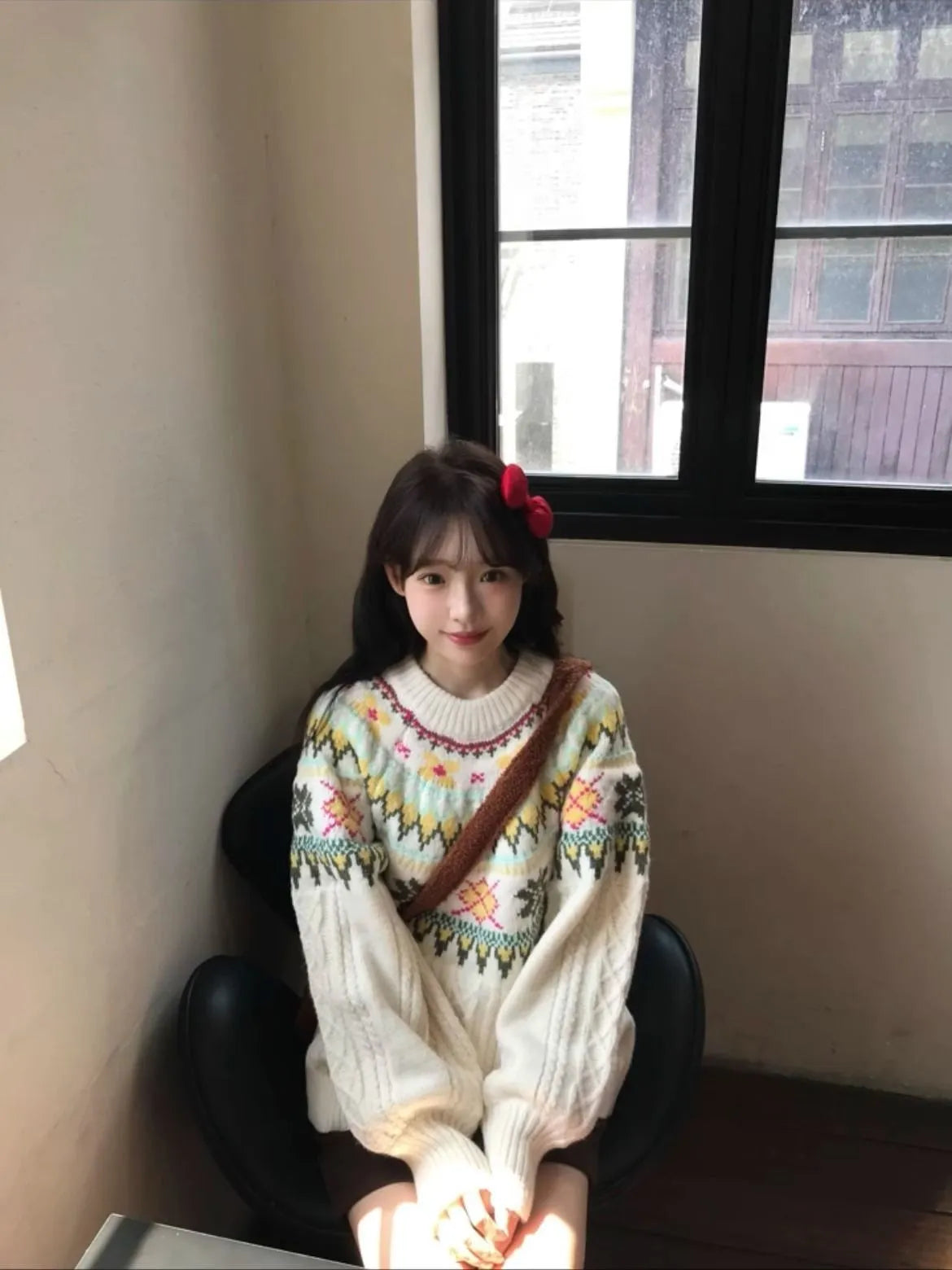 Women's milky white lantern sleeve mori knitwear pullover sweater on hanger