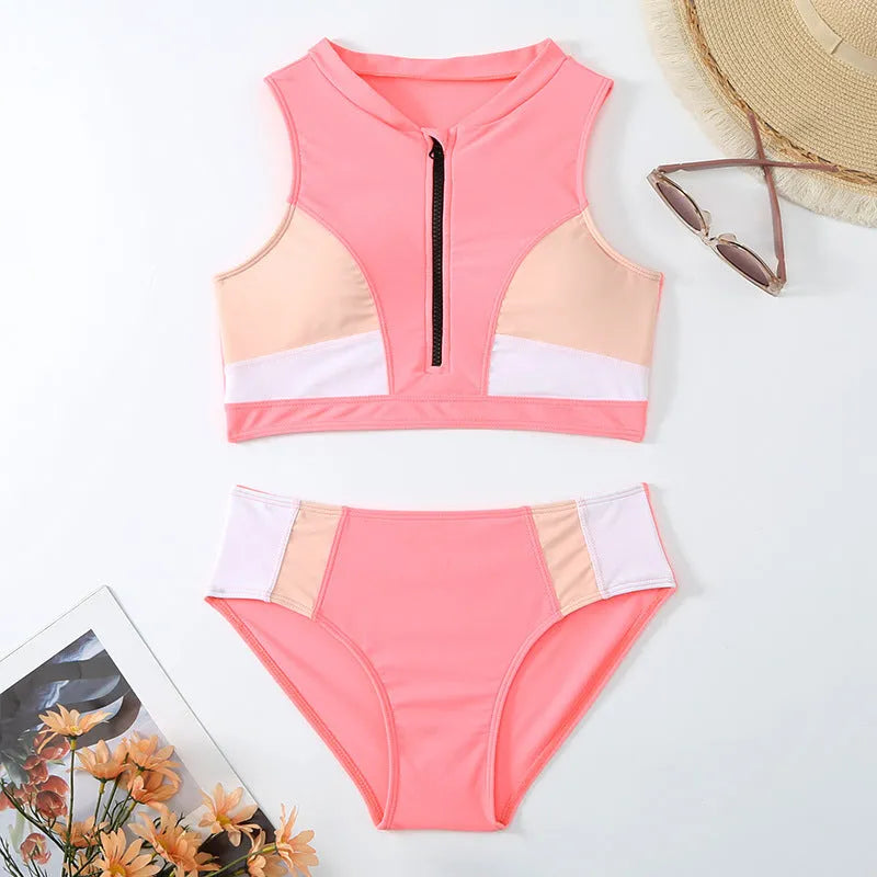 Pink high waisted bikini swimsuit with brief style and split cut design