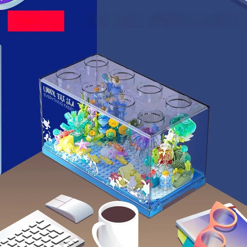 Blue plastic building blocks submarine model assembled on a white background, suitable for girls aged 7-14