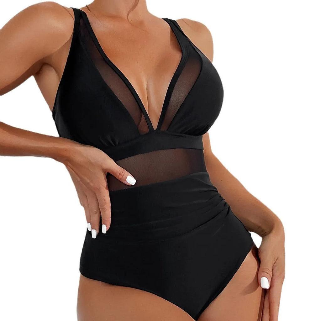 Black pure colour mesh halter one-piece swimsuit with brief coverage and sleeveless design