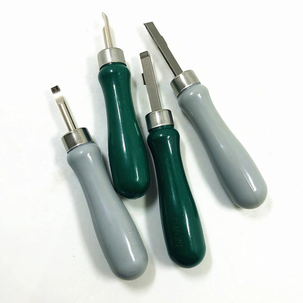 Watch back cover pry tool showing double head and elbow style options in green and grey colours