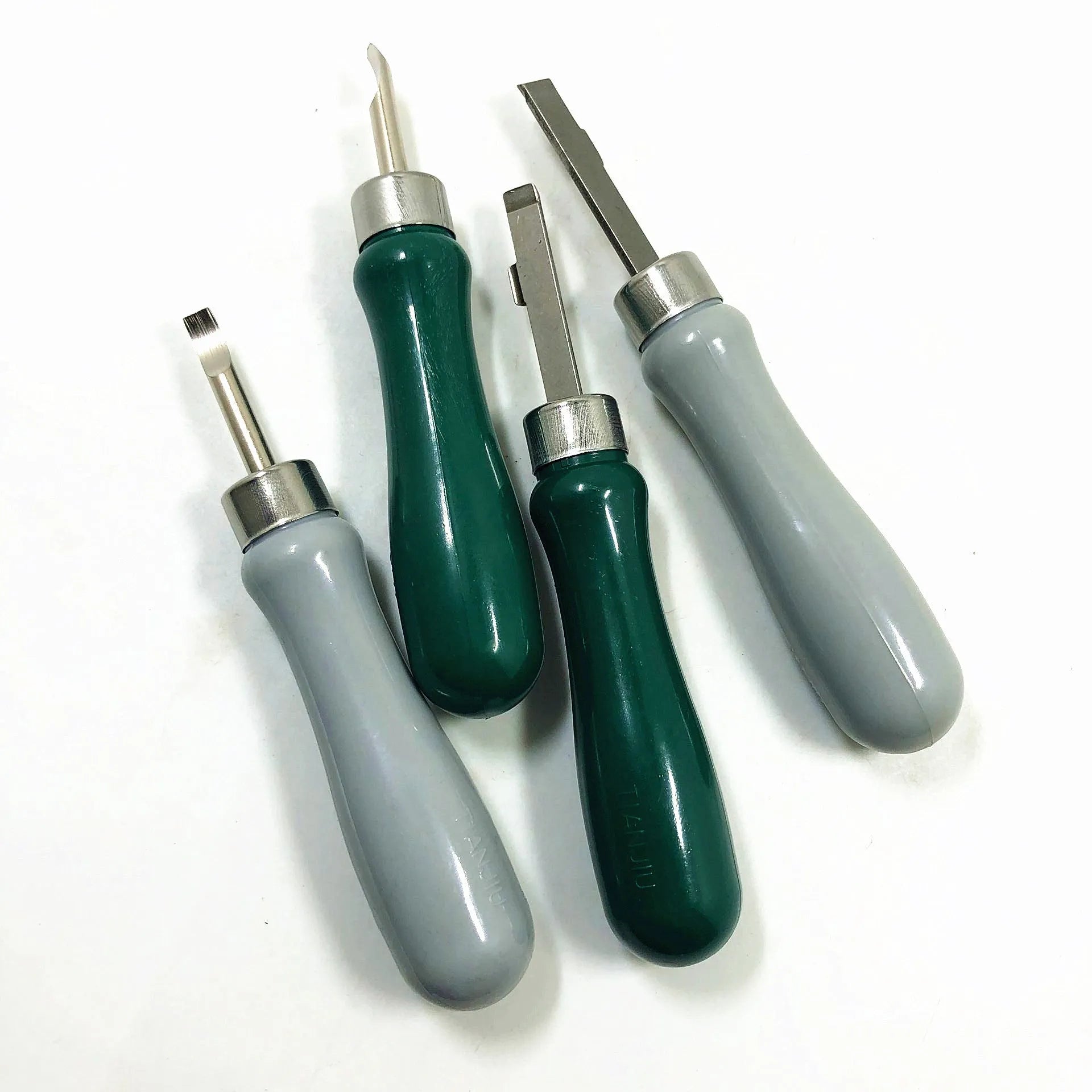 Watch back cover pry tool showing double head and elbow style options in green and grey colours